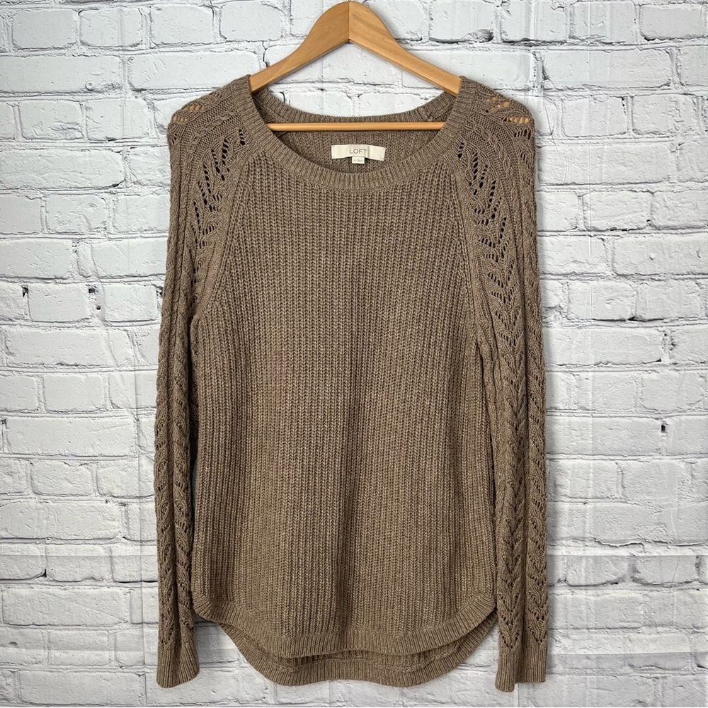 LOFT Cable Knit Sweater Womens Size Small Brown Hi Low Hem Round Neck